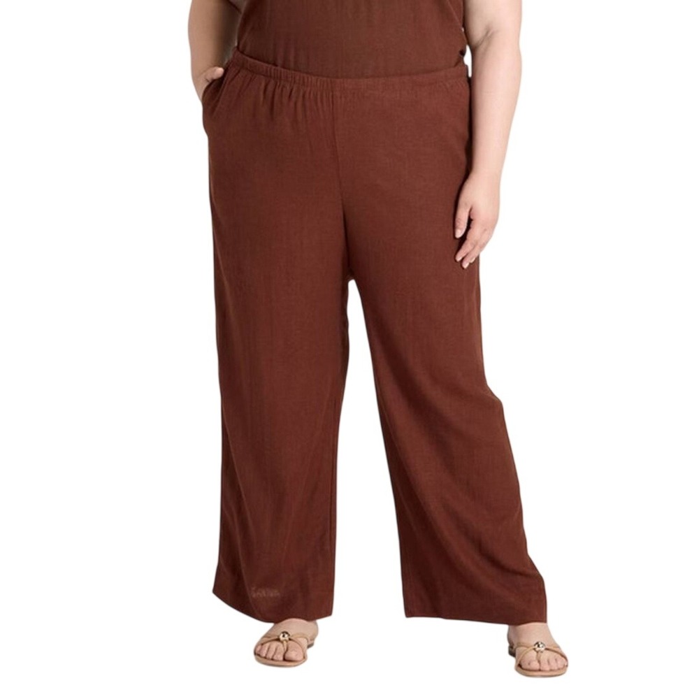 A‎ New Day Women's Brown Linen Blend Mid Rise Wide Leg Pants Size 2X